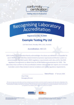 The EESS Conformity Certification Services Recognised Laboratory Certificate